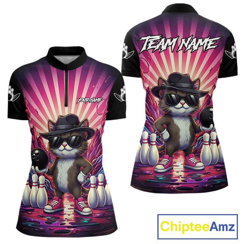 Pink Funny Cat Bowling Jersey For Women Custom Neon Graffiti Bowling Shirt Team Polo & 1/4 Zip TDM5756