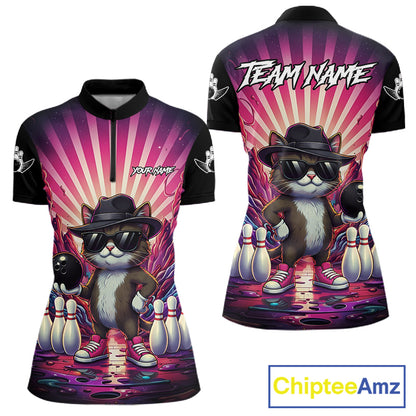 Pink Funny Cat Bowling Jersey For Women Custom Neon Graffiti Bowling Shirt Team Polo & 1/4 Zip TDM5756
