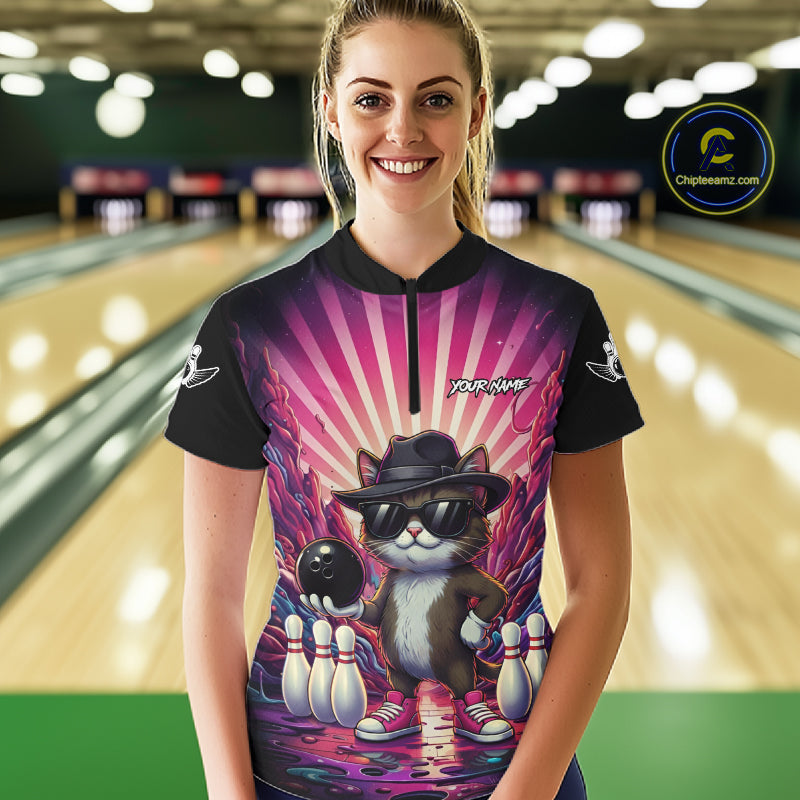 Pink Funny Cat Bowling Jersey For Women Custom Neon Graffiti Bowling Shirt Team Polo & 1/4 Zip TDM5756