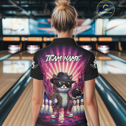 Pink Funny Cat Bowling Jersey For Women Custom Neon Graffiti Bowling Shirt Team Polo & 1/4 Zip TDM5756