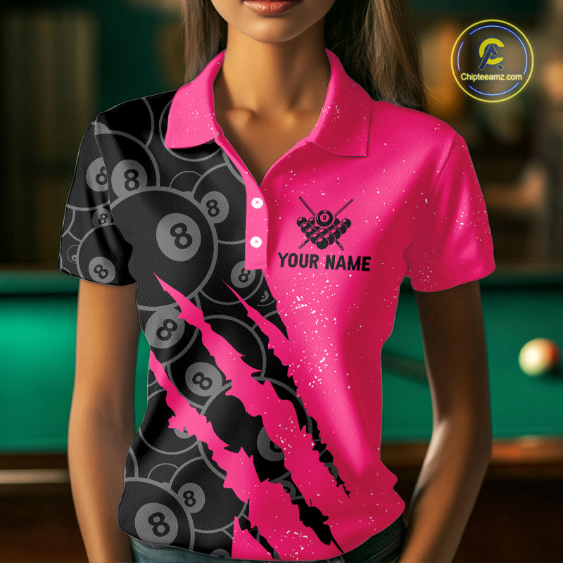Custom Grunge Pink Black 8 Ball Pool Billiard Shirt For Women, Billiard Team Jersey Polo & 1/4 Zip TDM5960