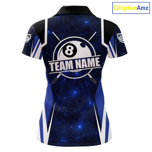 Custom 8 Ball Pool Billiard Shirt For Women, Blue Geometric Billiard Team Jersey Polo & 1/4 Zip TDM6130