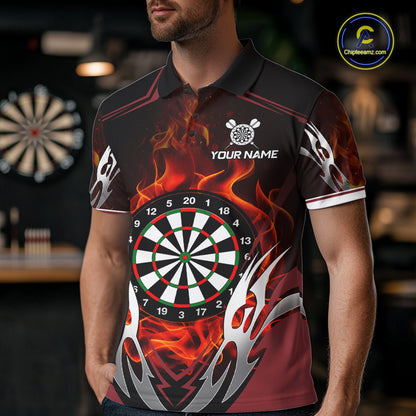 Man wearing a red flaming silver darts jersey front view.