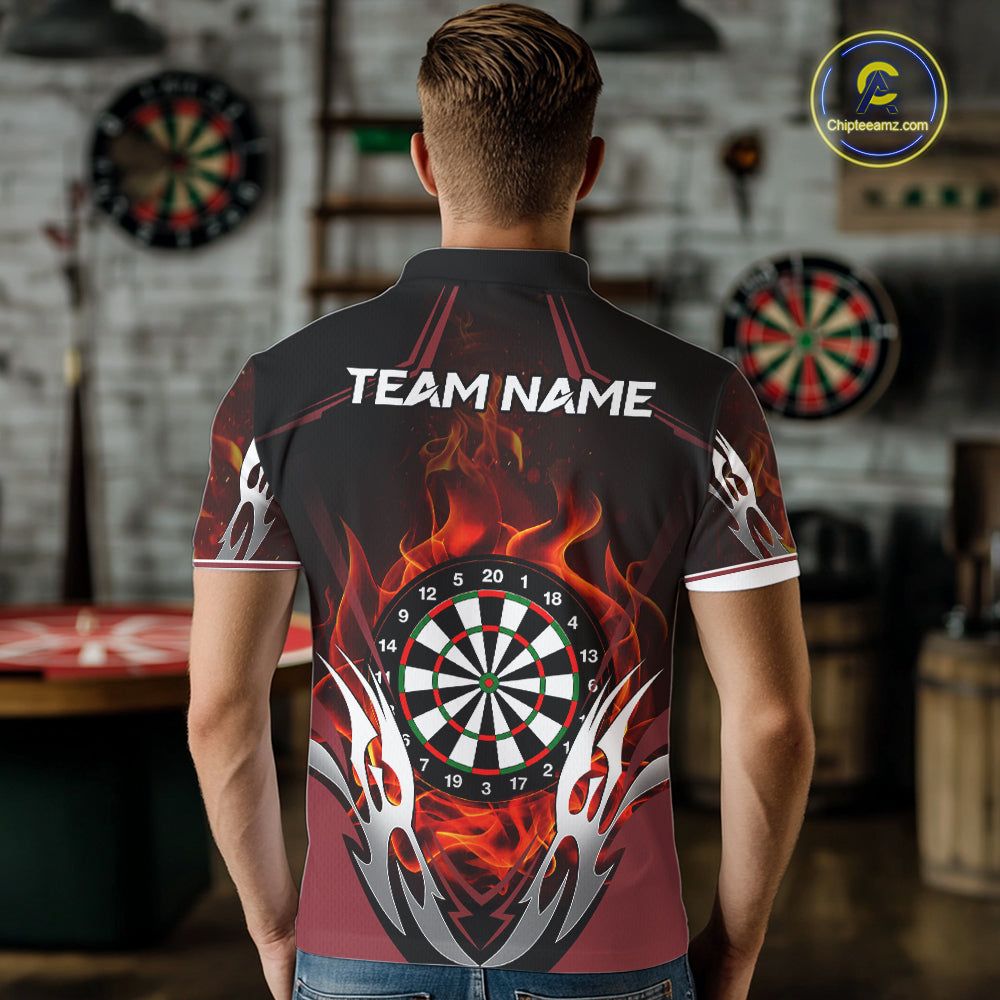 Back view of man wearing a red flaming silver darts shirt.