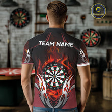 Load image into Gallery viewer, Back view of man wearing a red flaming silver darts shirt.