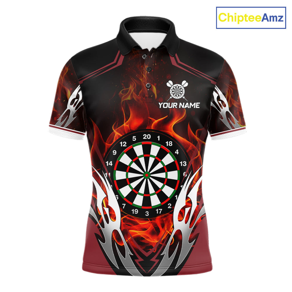 Red flaming silver darts polo shirt for men with custom darts team graphics.