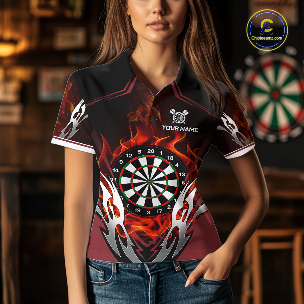 Woman wearing a red flaming silver darts jersey front view.