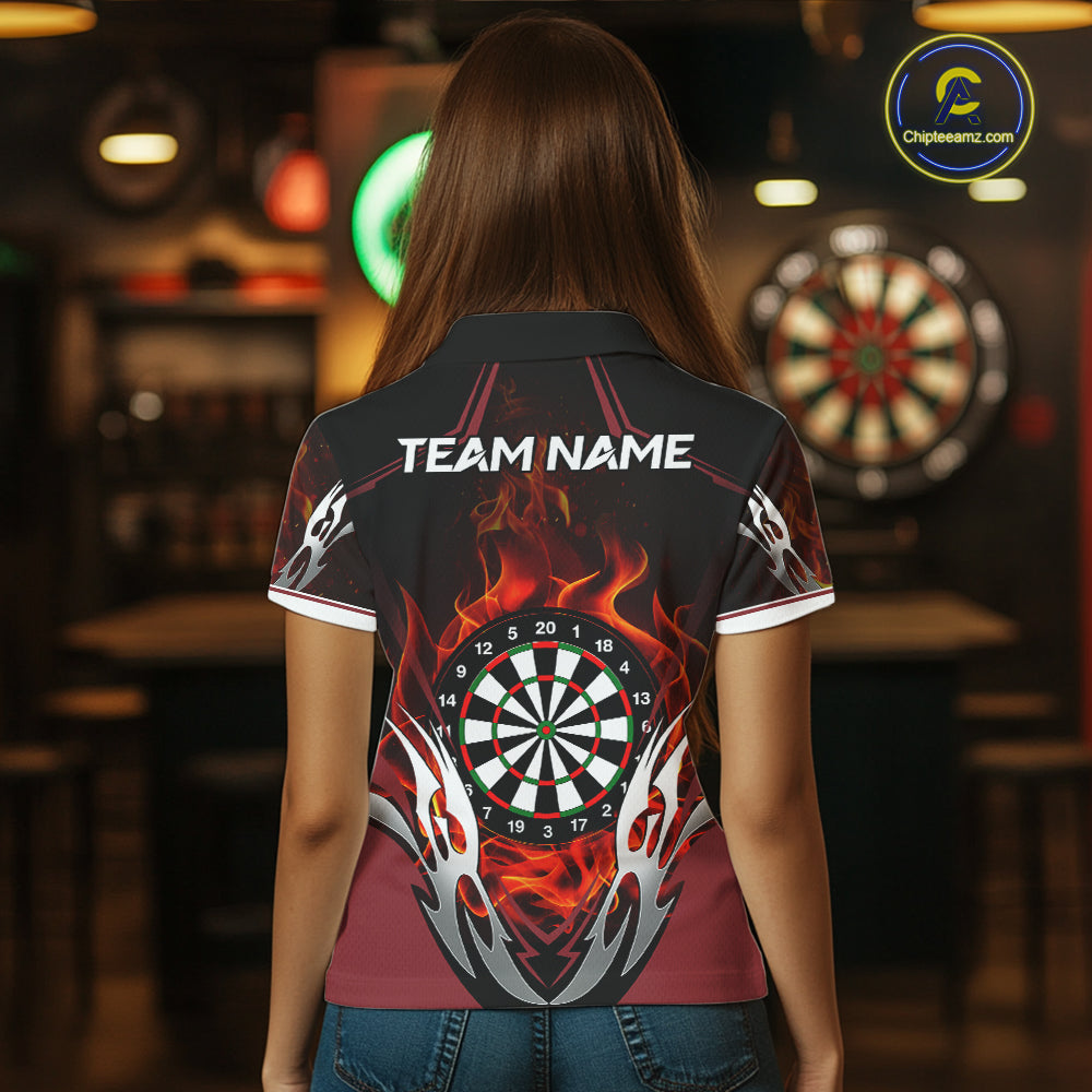Back view of woman wearing a red flaming silver darts shirt.