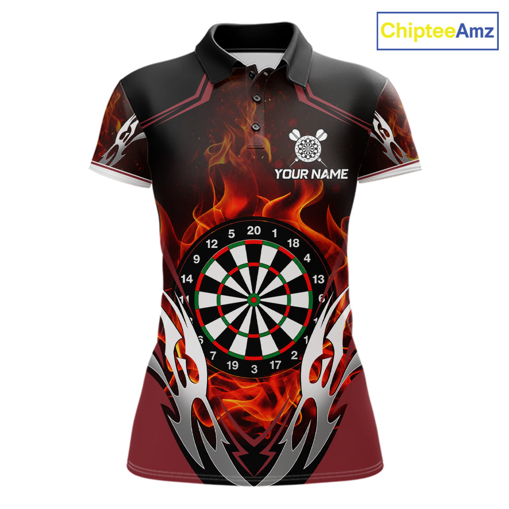 Red flaming silver darts polo shirt for women with custom darts team graphics.