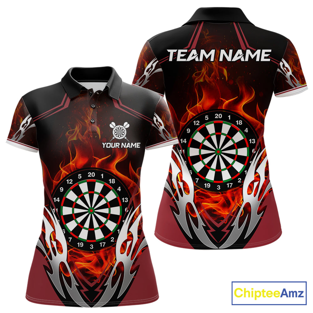 Red flaming silver darts polo shirt for women with custom darts team graphics.