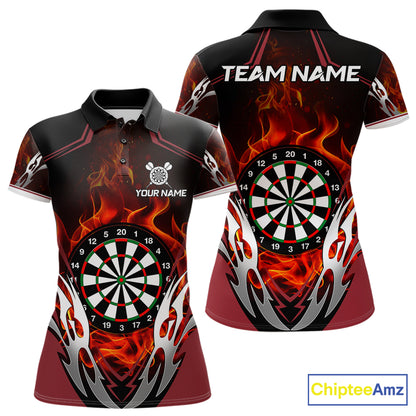 Red flaming silver darts polo shirt for women with custom darts team graphics.