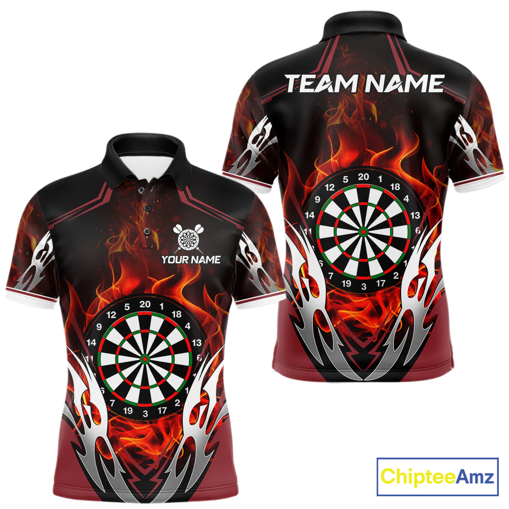 Red flaming silver darts polo shirt for men with custom darts team graphics.
