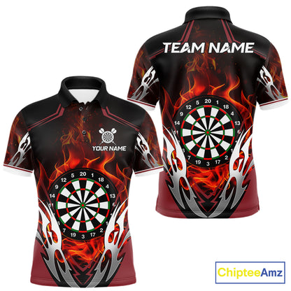 Red flaming silver darts polo shirt for men with custom darts team graphics.