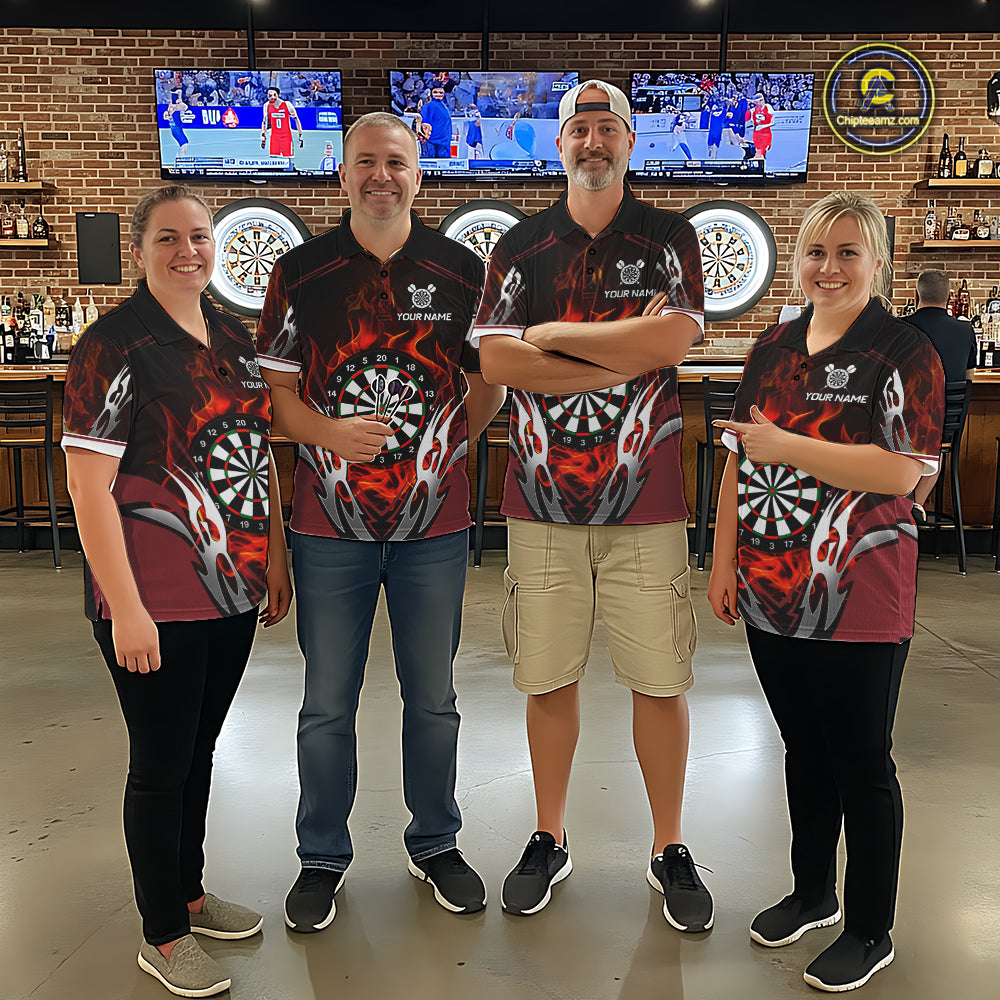Darts team wearing matching red flaming silver darts jerseys during league competition front view.
