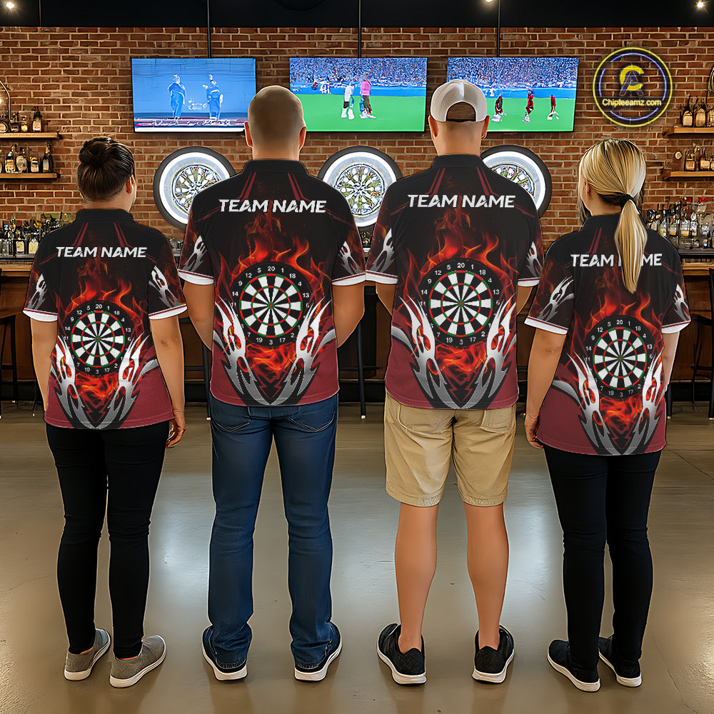 Back view of darts players wearing matching red flaming silver darts shirts.