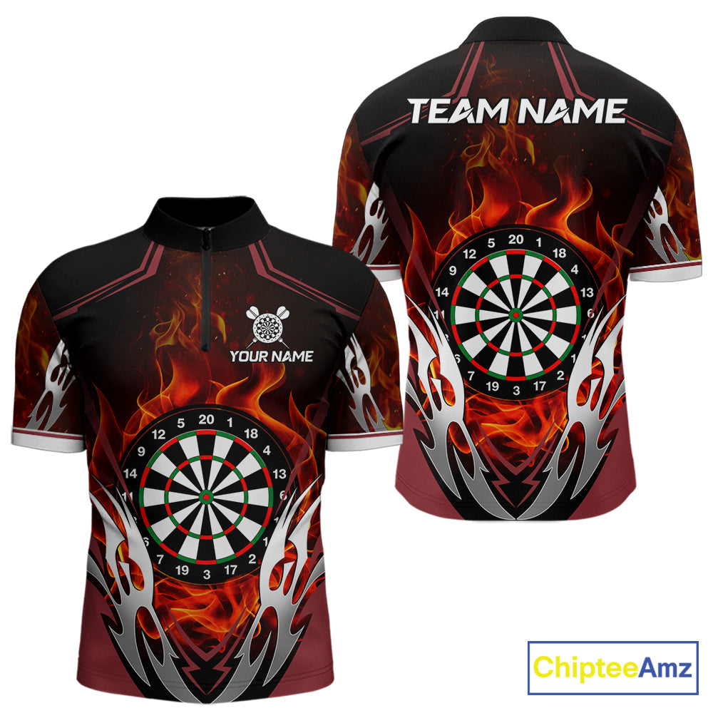 Red flaming silver darts quarter zip shirt for men designed for league tournaments and team events.