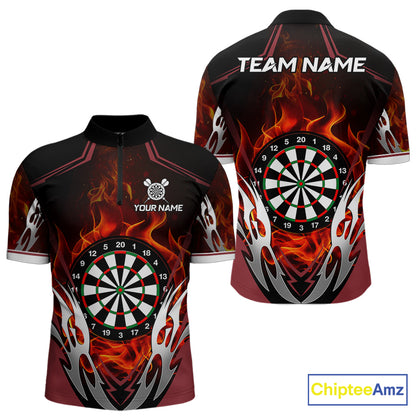 Red flaming silver darts quarter zip shirt for men designed for league tournaments and team events.