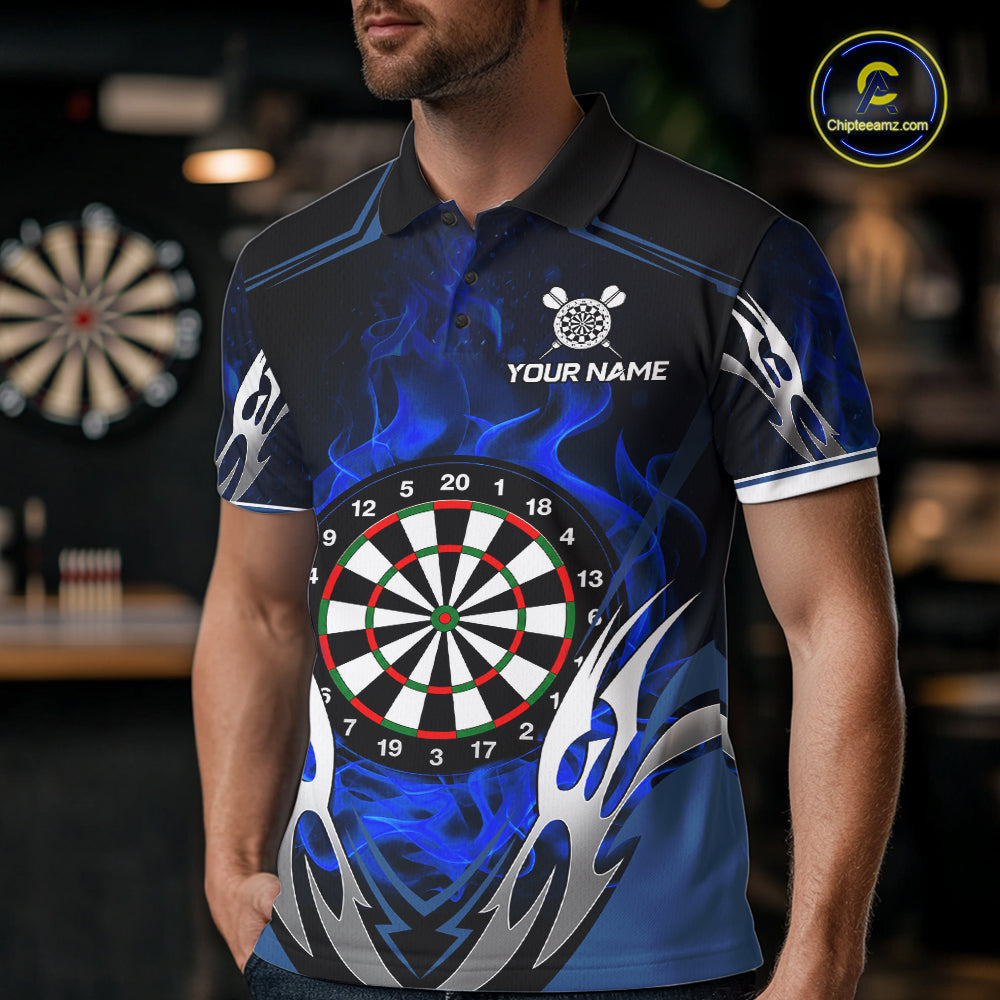 Man wearing a blue flaming silver darts jersey front view.