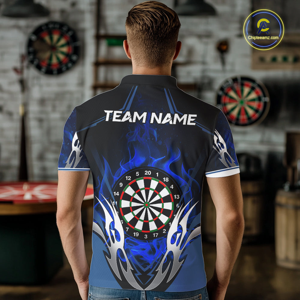 Back view of man wearing a blue flaming silver darts shirt.