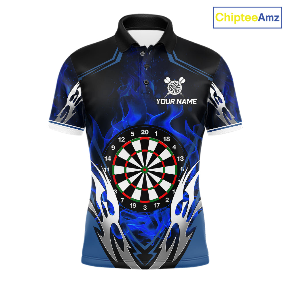 Blue flaming silver darts polo shirt for men with custom darts team graphics.