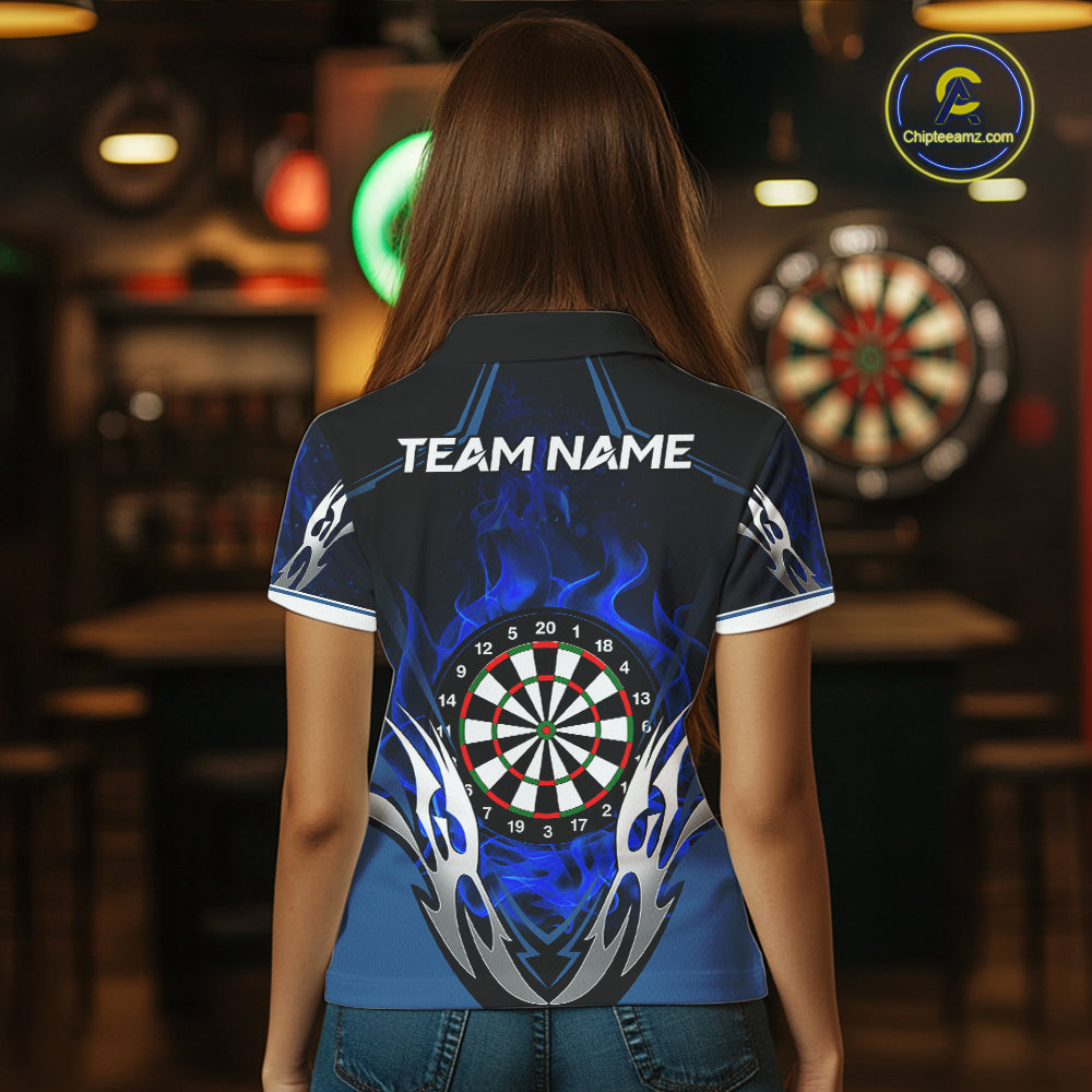 Back view of woman wearing a blue flaming silver darts shirt.