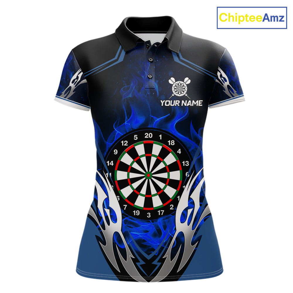 Blue flaming silver darts polo shirt for women with custom darts team graphics.