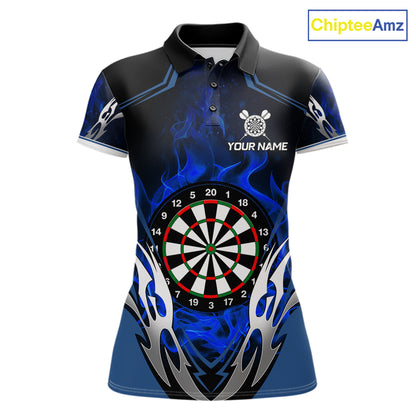 Blue flaming silver darts polo shirt for women with custom darts team graphics.