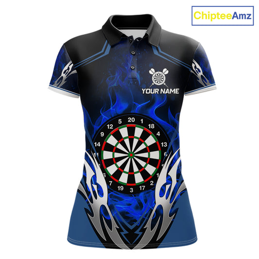 Blue flaming silver darts polo shirt for women with custom darts team graphics.