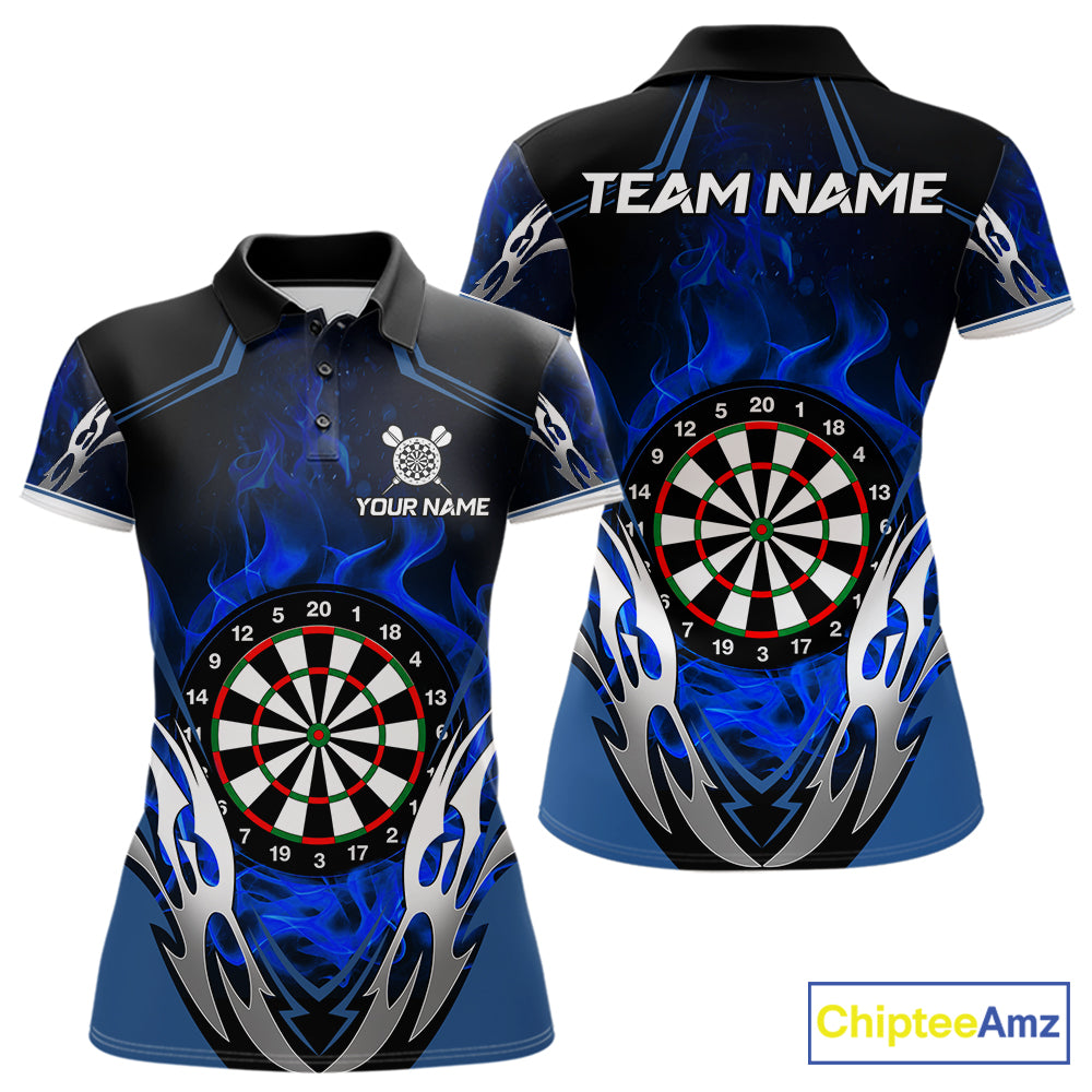 Blue flaming silver darts polo shirt for women with custom darts team graphics.