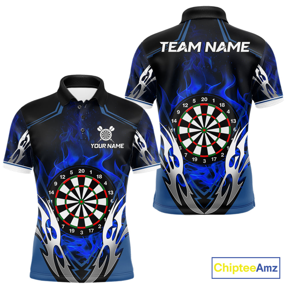 Blue flaming silver darts polo shirt for men with custom darts team graphics.