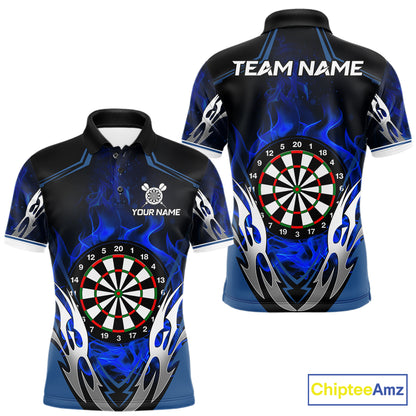 Blue flaming silver darts polo shirt for men with custom darts team graphics.