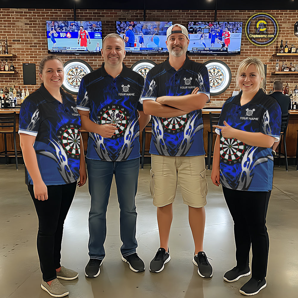 Darts team wearing matching blue flaming silver darts jerseys during league competition front view.