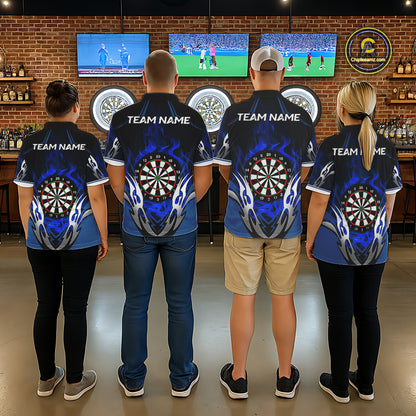 Back view of darts players wearing matching blue flaming silver darts shirts.