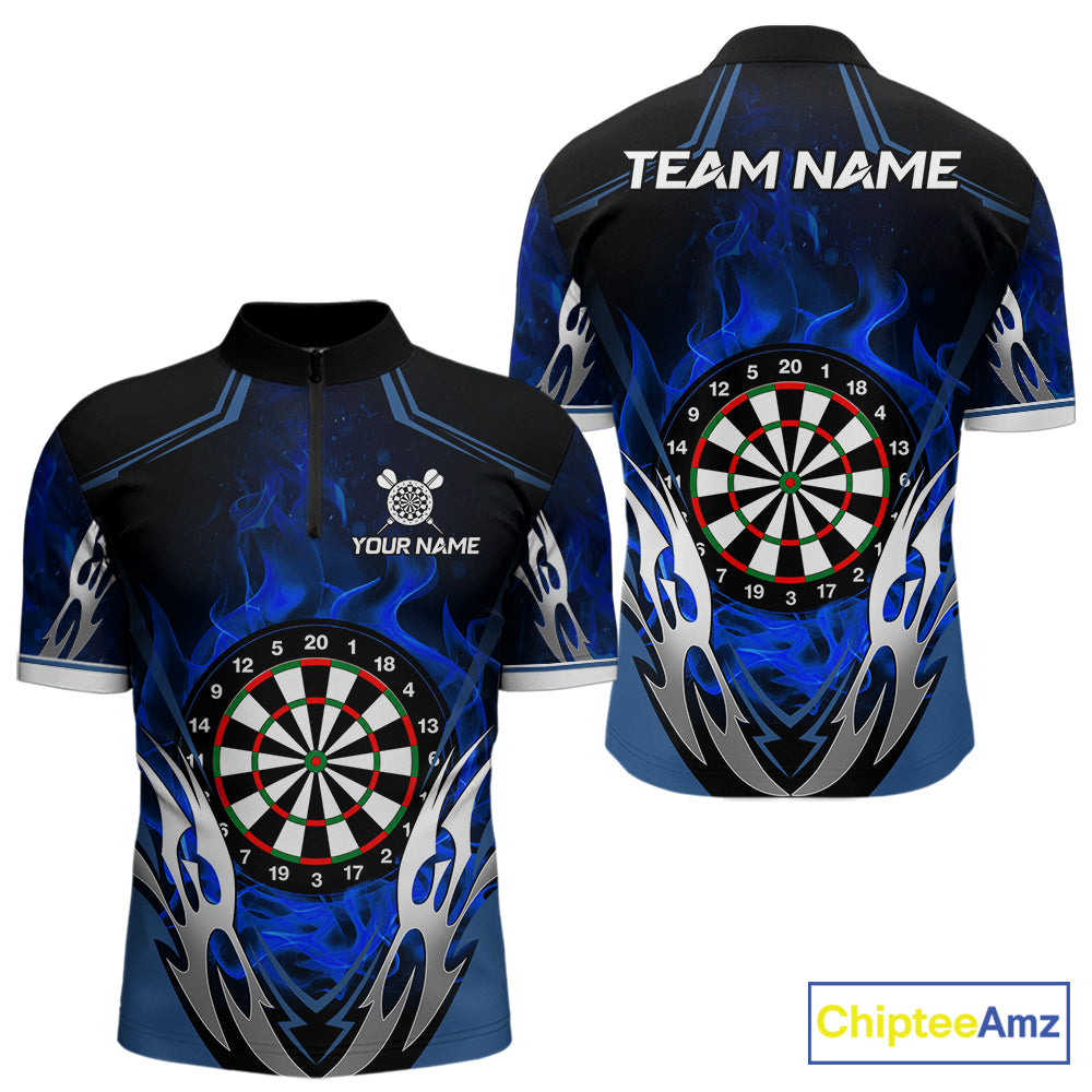 Blue flaming silver darts quarter zip shirt for men designed for league tournaments and team events.
