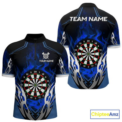 Blue flaming silver darts quarter zip shirt for men designed for league tournaments and team events.