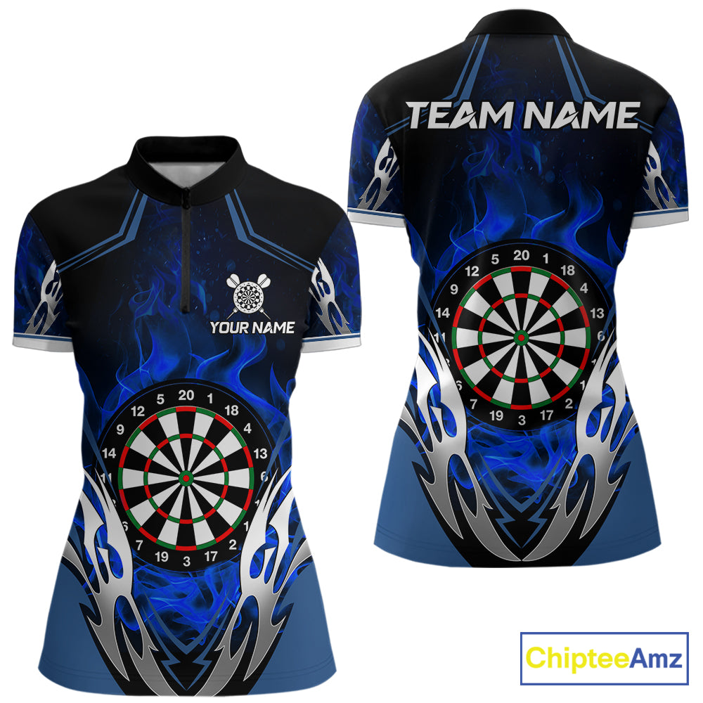 Blue flaming silver darts quarter zip shirt for women designed for league tournaments and team events.