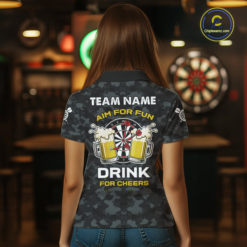 Back view of woman wearing a darts and beer aim for fun drink for cheers darts shirt.