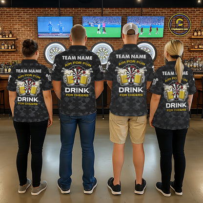 Back view of darts players wearing matching darts and beer darts shirts.