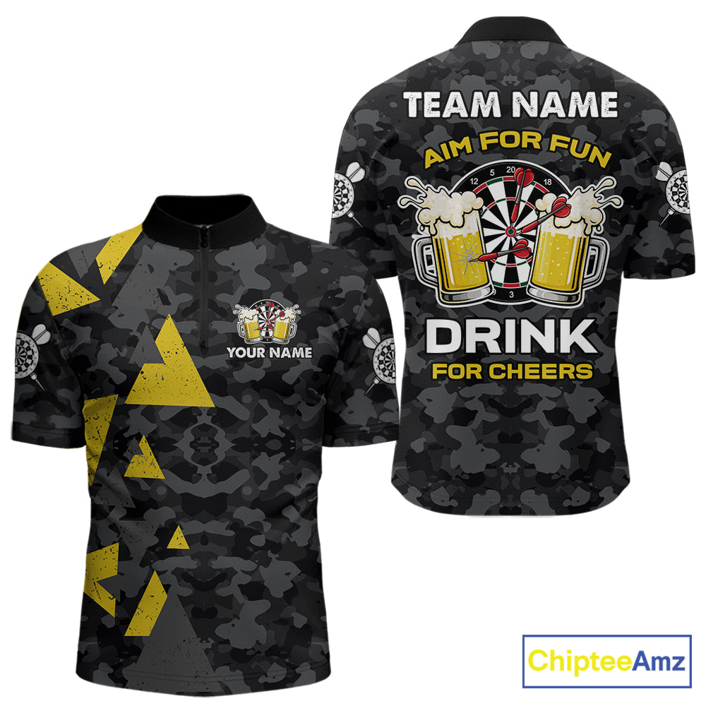 Darts and beer aim for fun drink for cheers darts quarter zip shirt for men designed for league tournaments and team events.