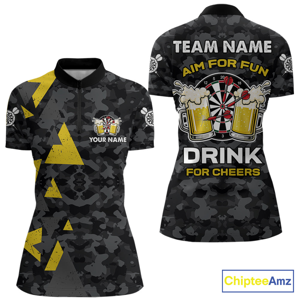 Darts and beer aim for fun drink for cheers darts quarter zip shirt for women designed for league tournaments and team events.