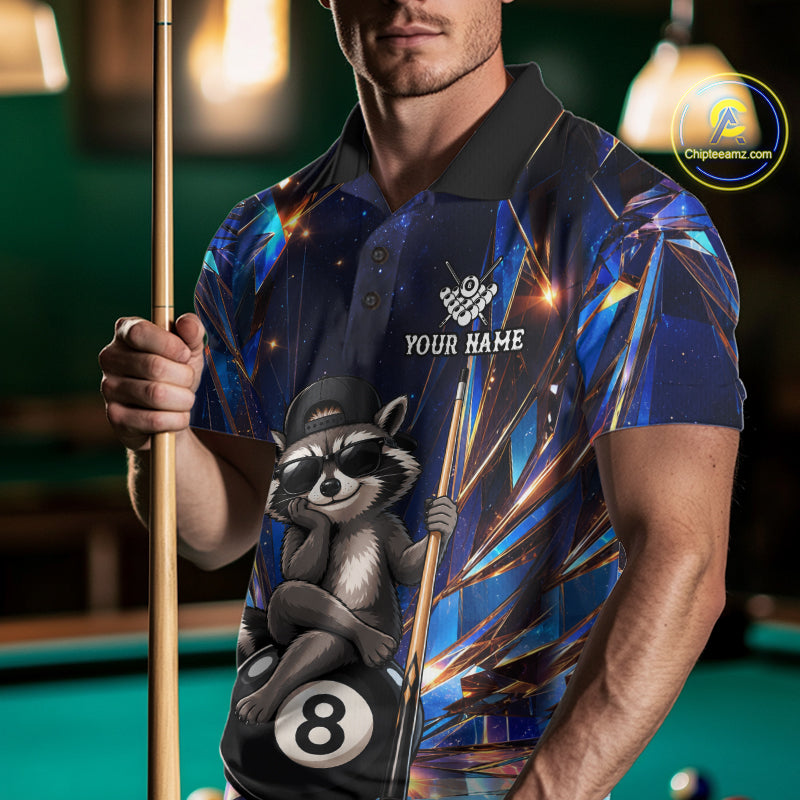 Man wearing a funny raccoon crystal 8 ball billiard jersey beside a pool table front view.