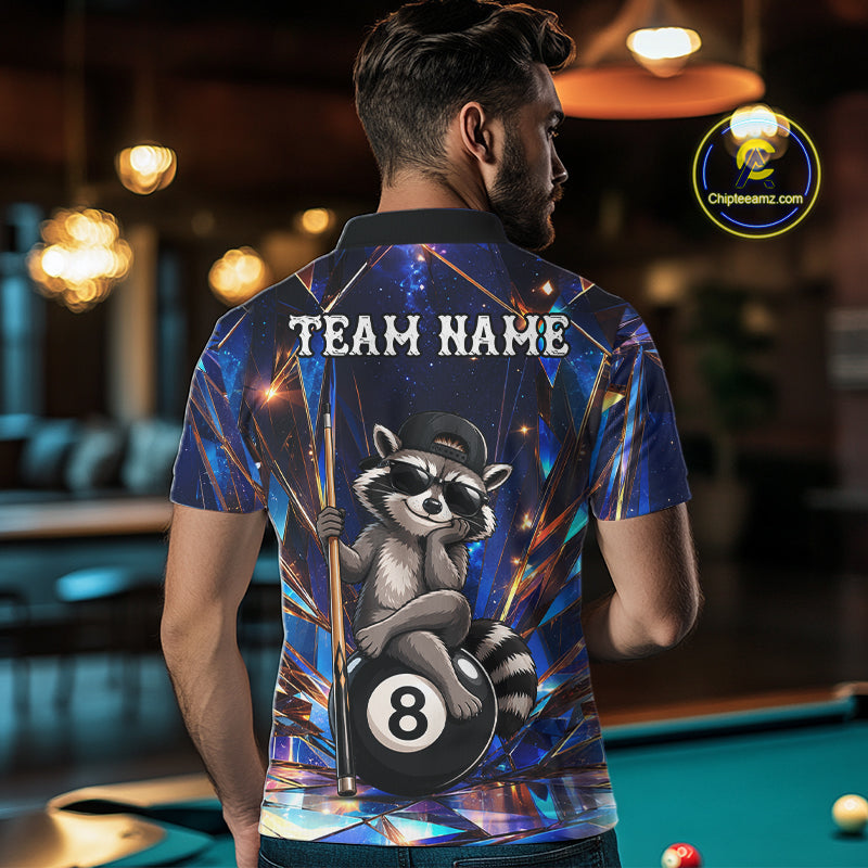 Back view of man wearing a funny raccoon crystal 8 ball pool shirt in a billiards hall.