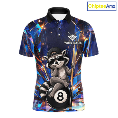 Funny raccoon crystal 8 ball billiard polo shirt for men with custom pool team graphics.