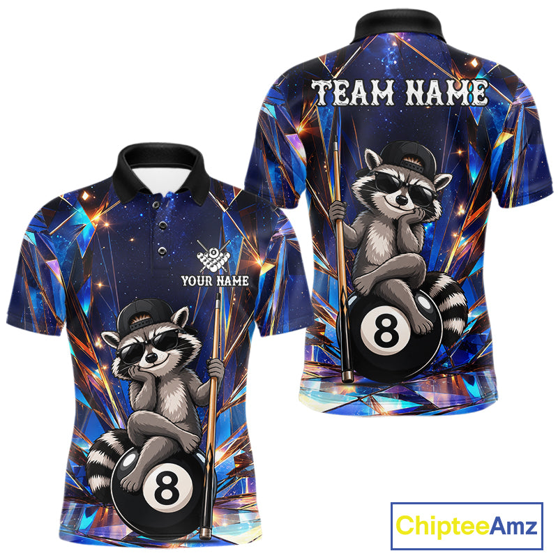 Funny raccoon crystal 8 ball billiard polo shirt for men with custom pool team graphics.