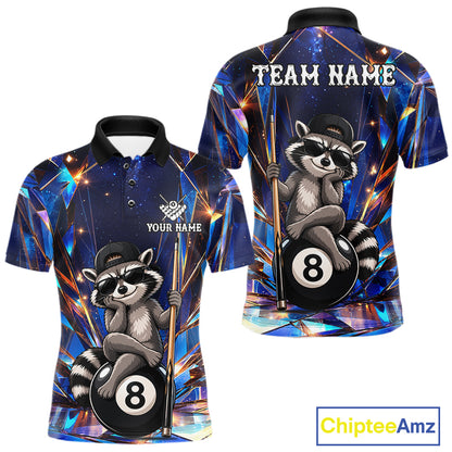 Funny raccoon crystal 8 ball billiard polo shirt for men with custom pool team graphics.