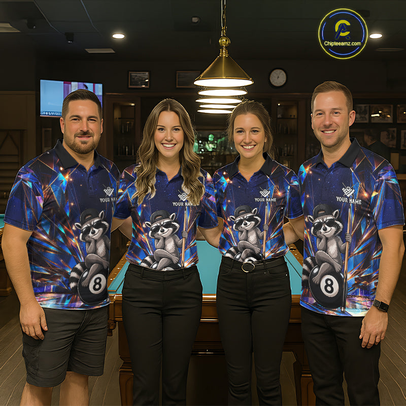 Pool team wearing matching funny raccoon crystal 8 ball billiard jerseys during tournament competition front view.