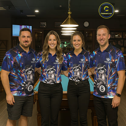 Pool team wearing matching funny raccoon crystal 8 ball billiard jerseys during tournament competition front view.