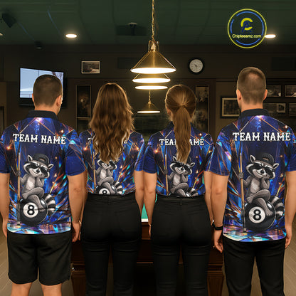 Back view of pool players wearing matching raccoon 8 ball billiard shirts in a game room.