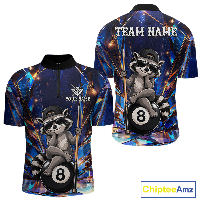 Funny raccoon crystal 8 ball billiard quarter zip shirt for men designed for league tournaments and team events.