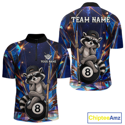 Funny raccoon crystal 8 ball billiard quarter zip shirt for men designed for league tournaments and team events.